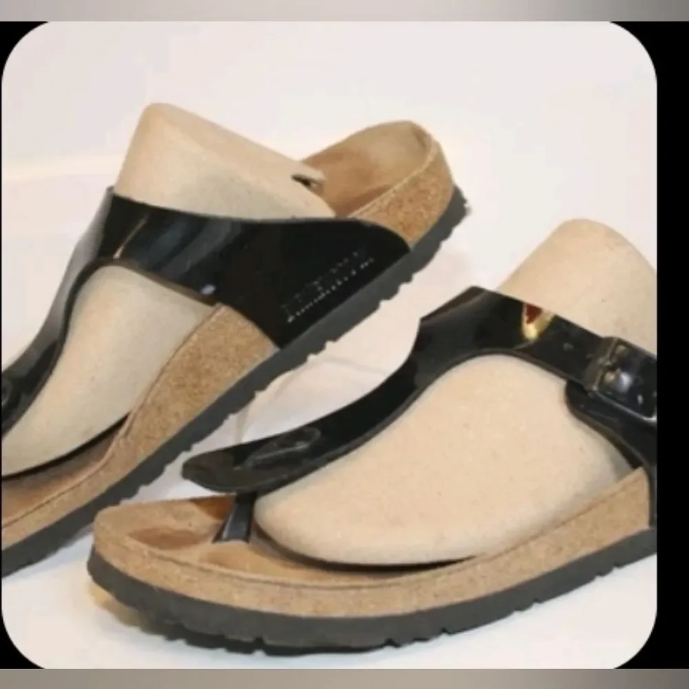 Birkenstock Black Patent Gizeh Birko-flor Thong Flip Sandals Slide 9 Or EU 40